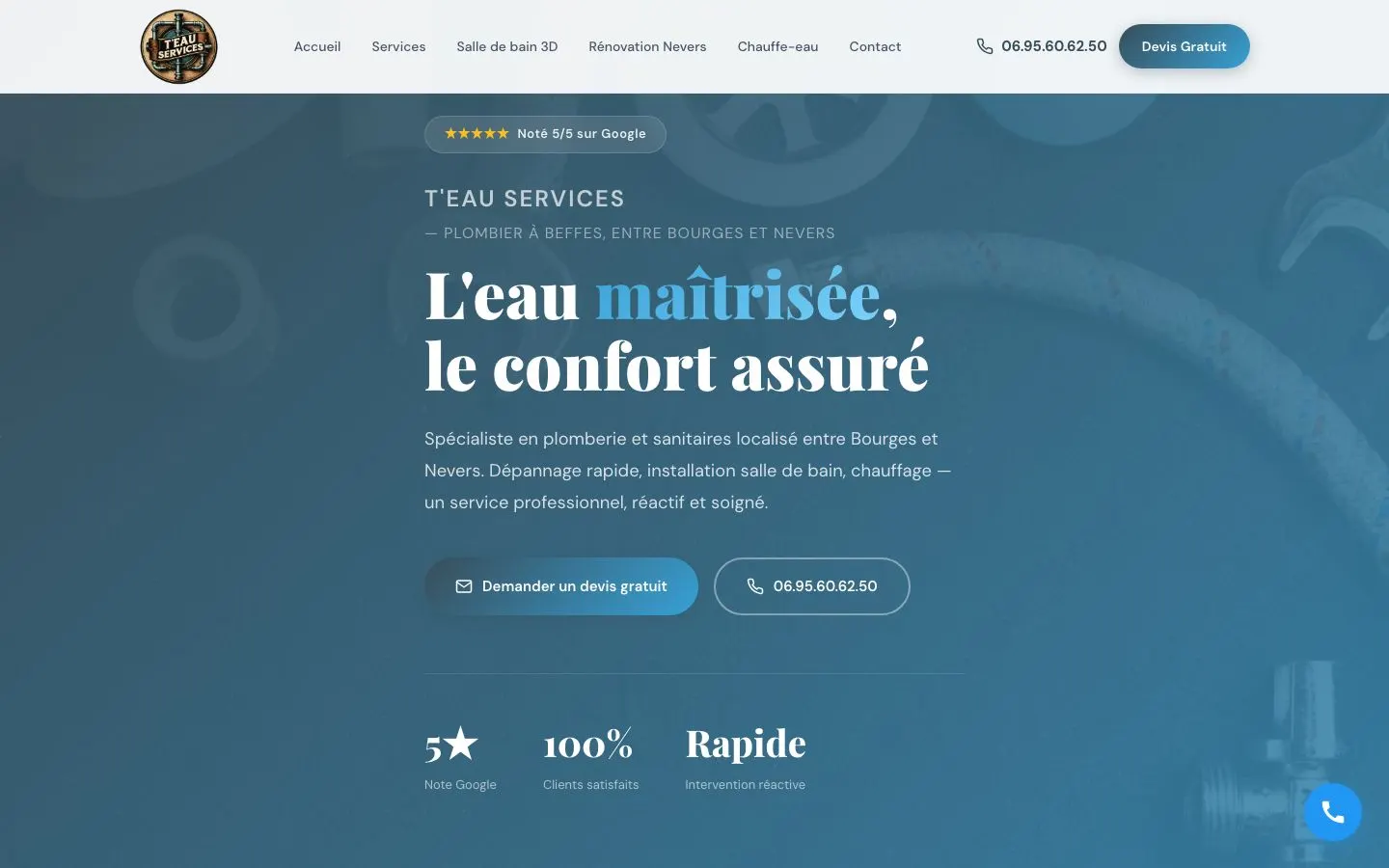 Site internet de T'eau Services, plombier dans le Cher